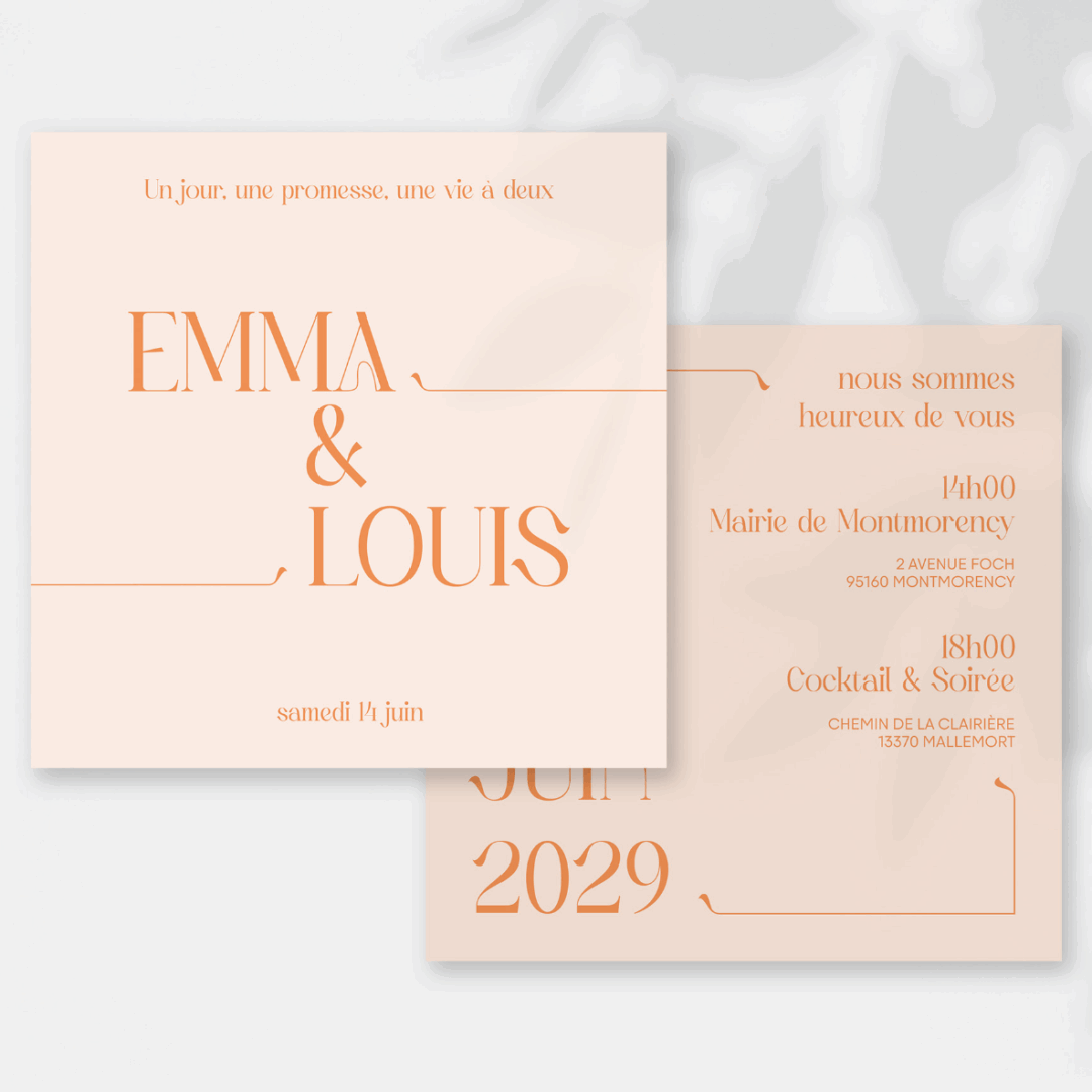 Faire-part épuré format carré orange mariage
