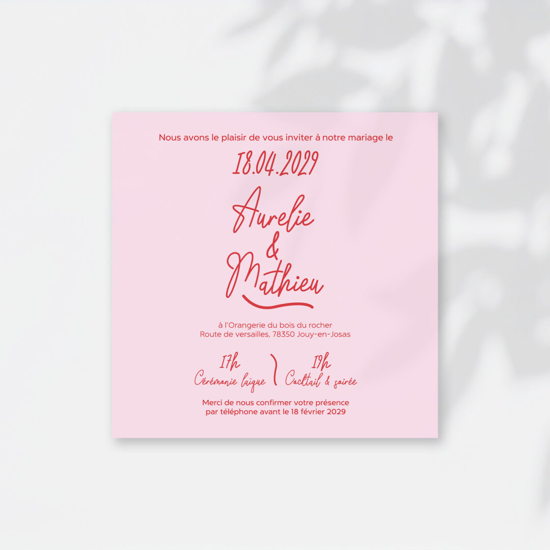 faire-part manuscrit format carré recto rose et rouge mariage